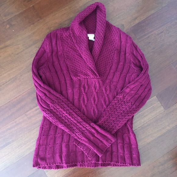 DKNY JEANS Burgundy Red Cable Knit Shawl Neck Sweater Medium - Picture 2 of 6